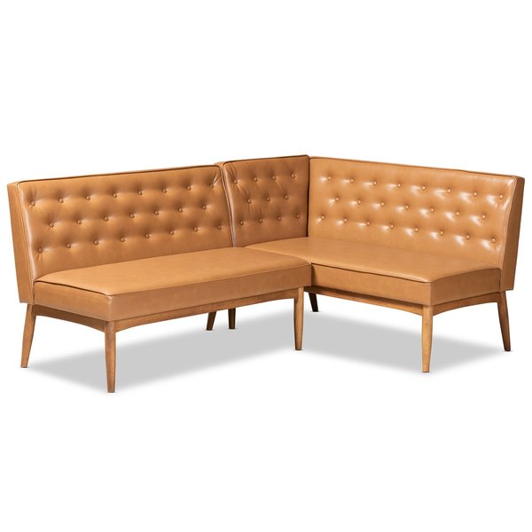 Baxton Studio Riordan Mid-Century Tan Faux Leather and Walnut Brown Finished Wood 2-PC Dining Nook Banquette Set 186-11361-Zoro